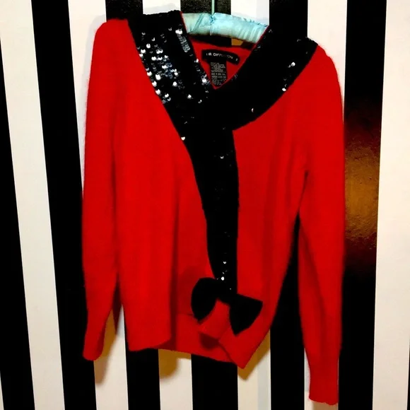 Red & Black 1980s Vintage Angora & Silk Sequin Bow Sweater Size Small/Medium 2/6 - Picture 1 of 10